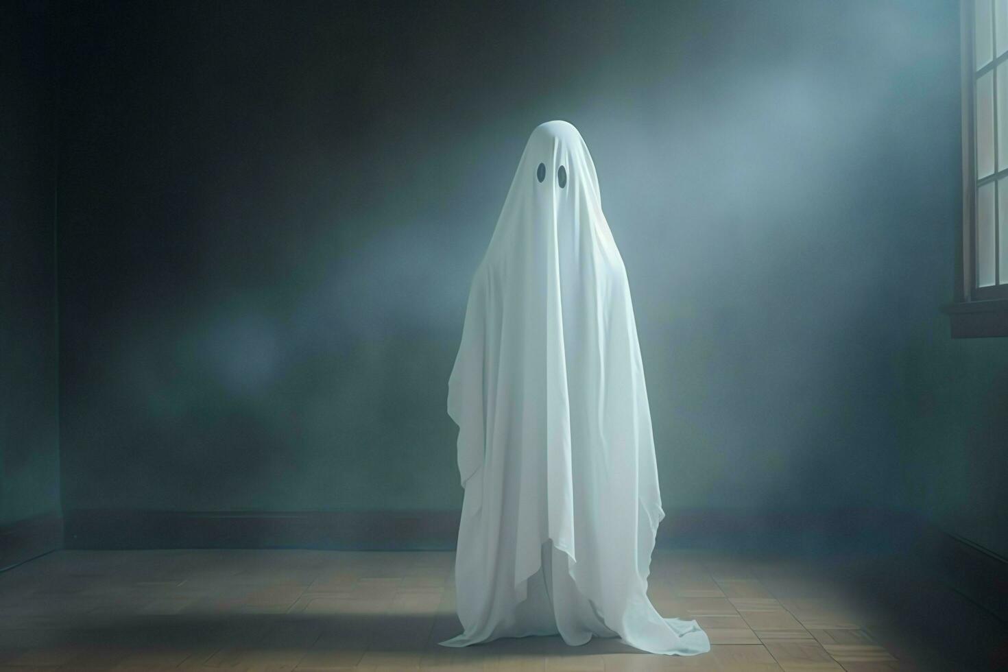 Human in spooky ghosts costume flying inside the old house at night. Spooky halloween background with ghost. Ghost on halloween celebration concept by AI generated photo