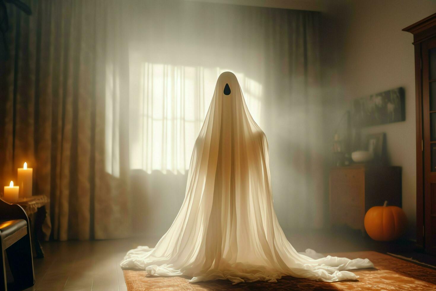 Human in spooky ghosts costume flying inside the old house at night. Spooky halloween background with ghost. Ghost on halloween celebration concept by AI generated photo