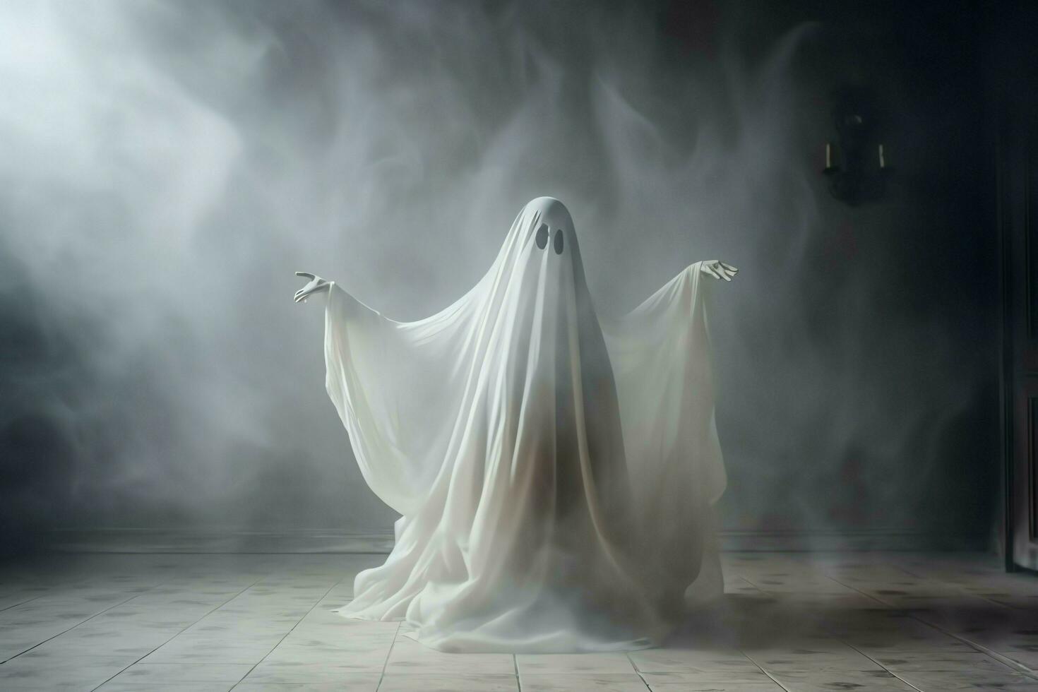 Human in spooky ghosts costume flying inside the old house at night. Spooky halloween background with ghost. Ghost on halloween celebration concept by AI generated photo