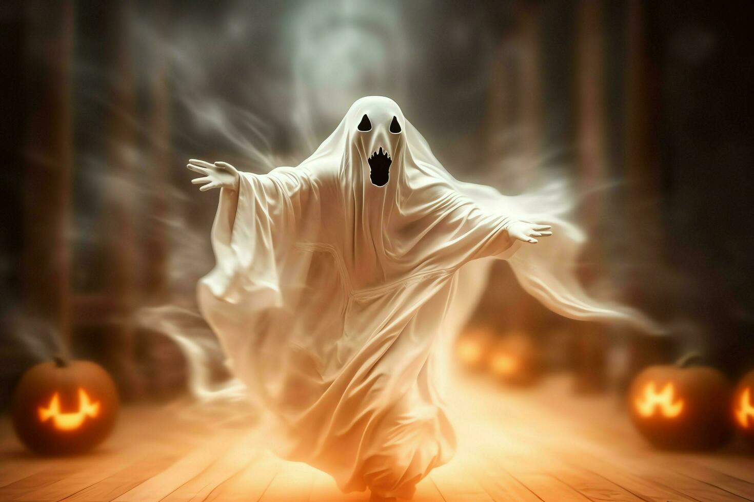 Human in spooky ghosts costume flying inside the old house at night. Spooky halloween background with ghost. Ghost on halloween celebration concept by AI generated photo