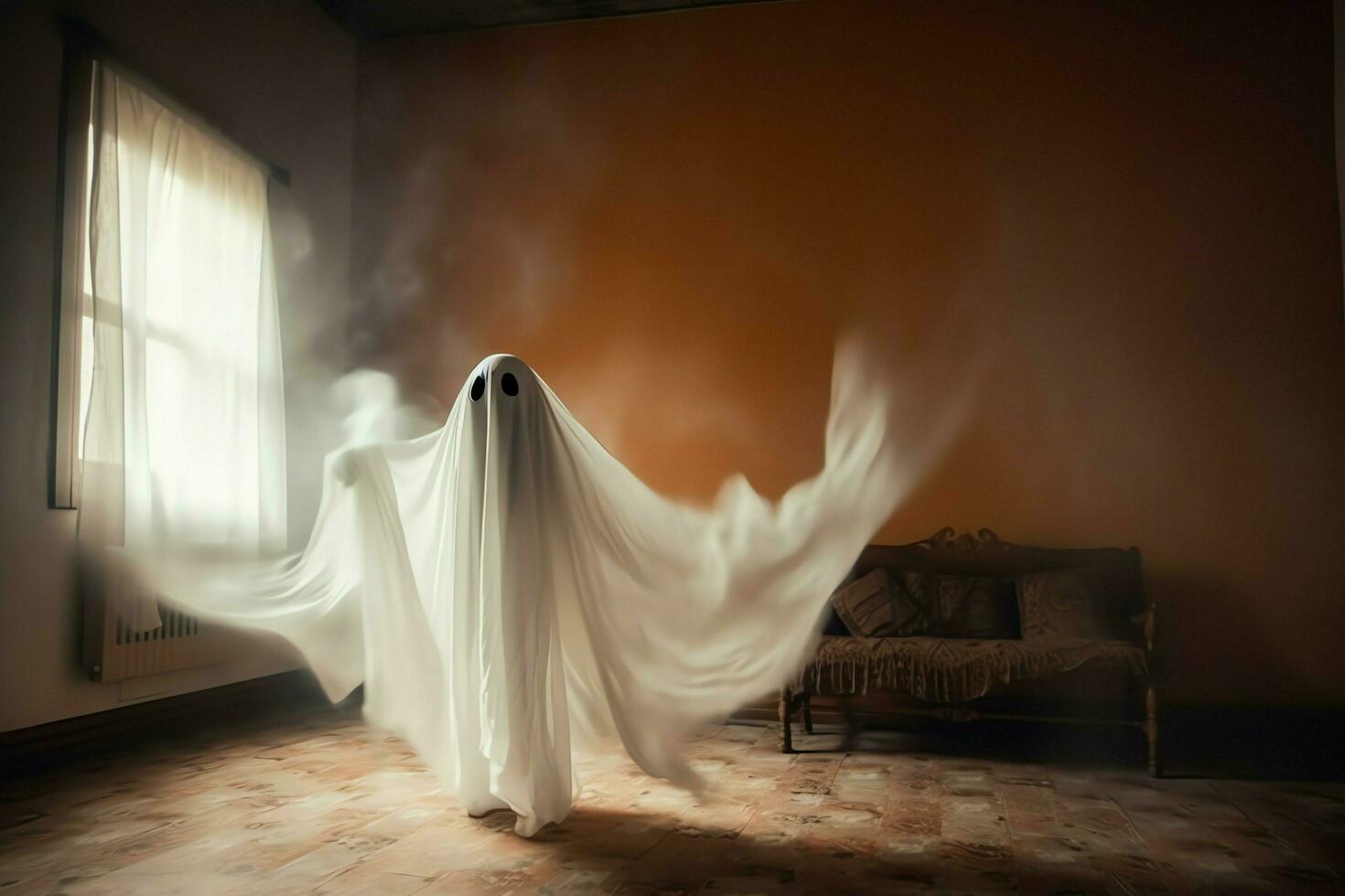 Human in spooky ghosts costume flying inside the old house at night. Spooky halloween background with ghost. Ghost on halloween celebration concept by AI generated photo