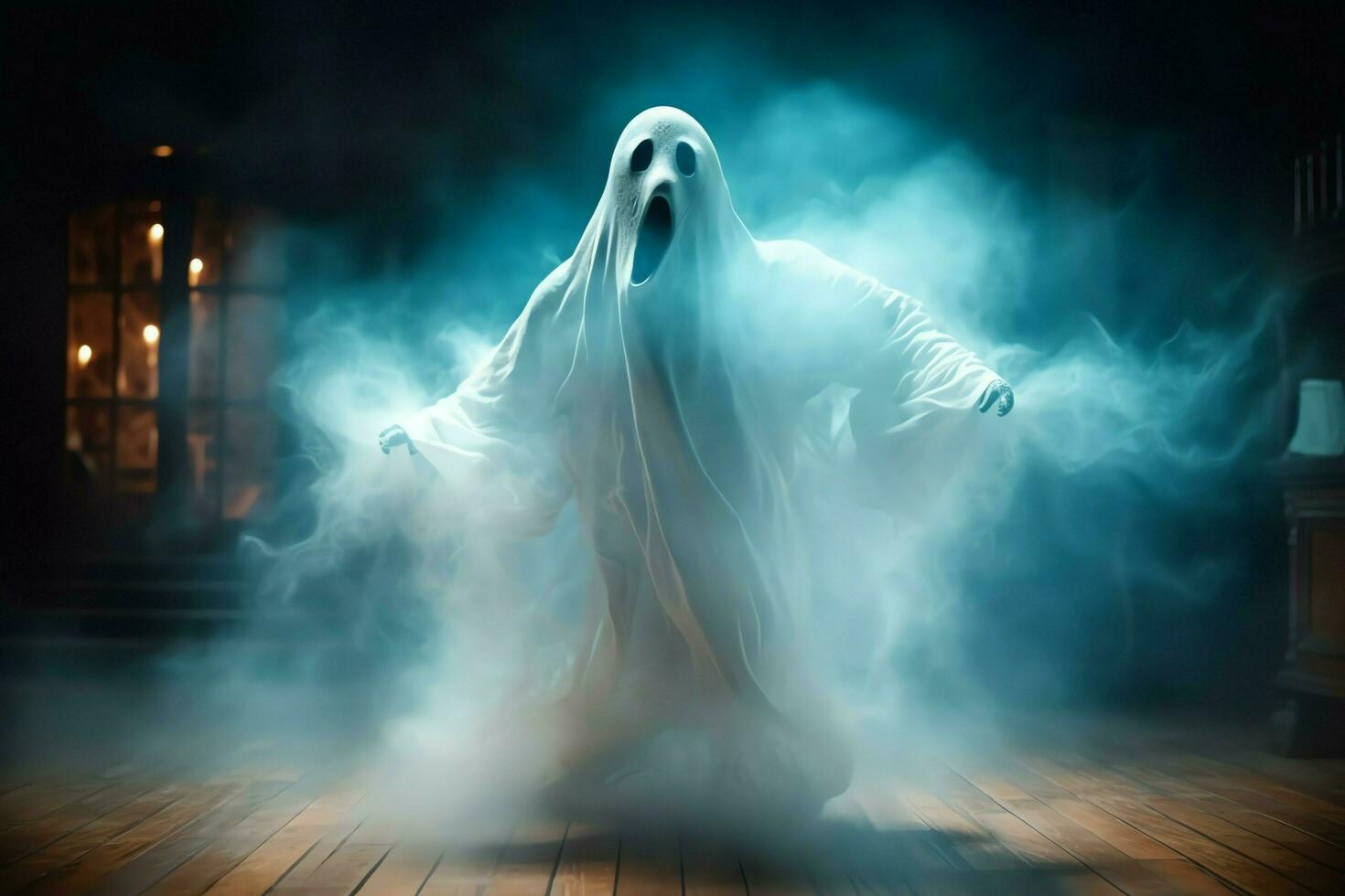 Human in spooky ghosts costume flying inside the old house at night. Spooky halloween background with ghost. Ghost on halloween celebration concept by AI generated photo