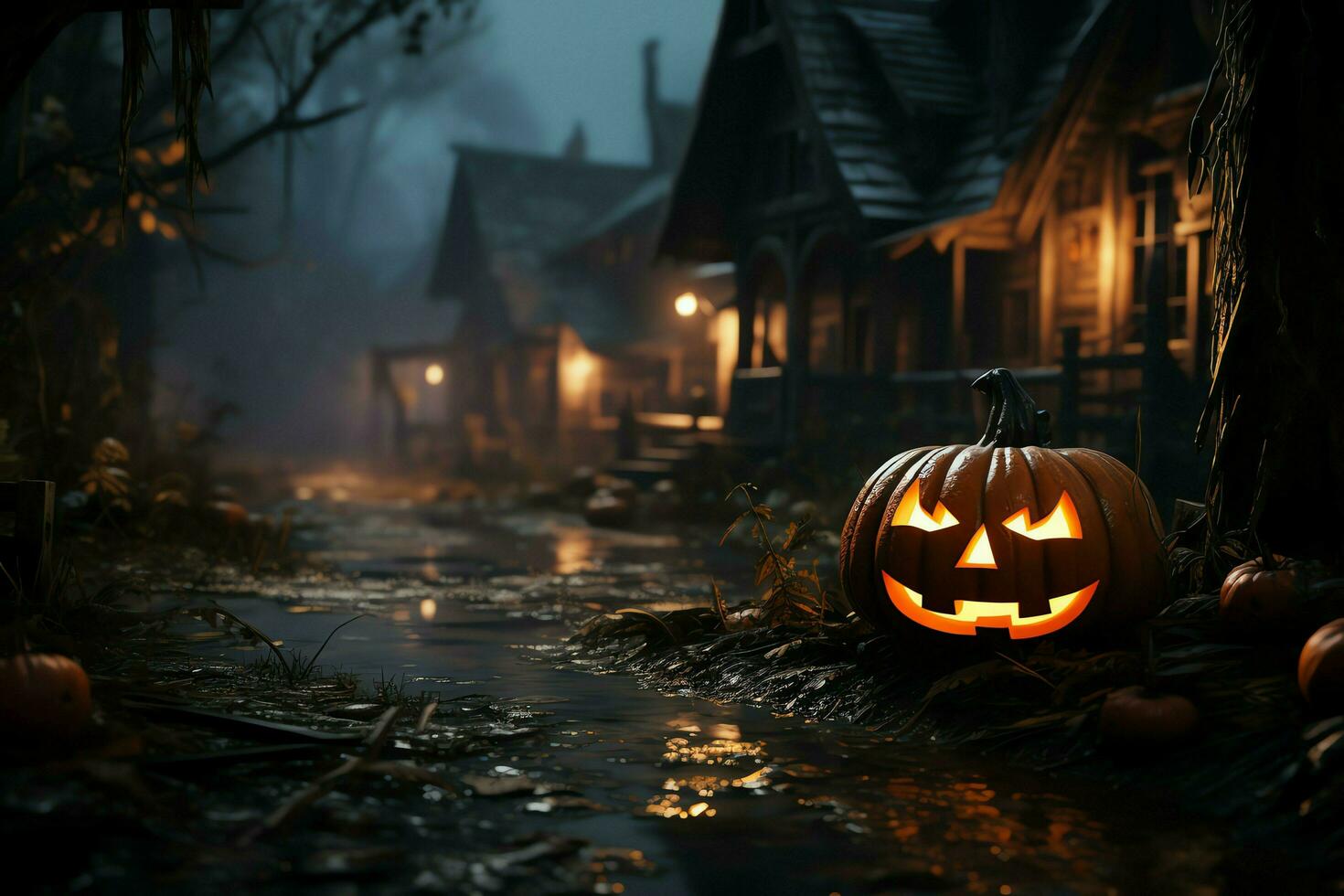 Scary pumpkin and house in night of full moon on halloween celebration concept. Spooky halloween background with pumpkin. Dirty house and pumpkin on halloween celebration concept by AI generated photo