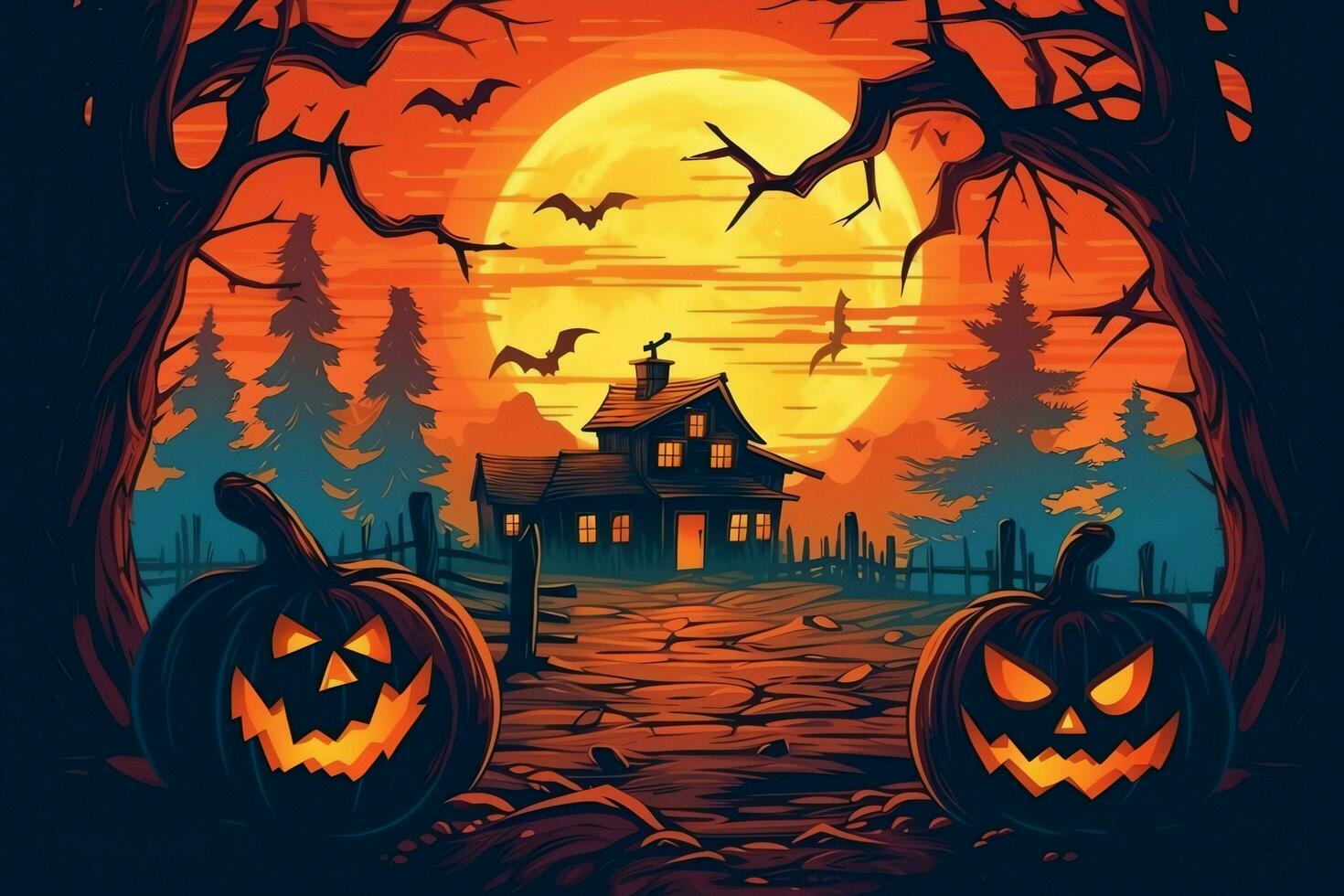 Scary pumpkin and house in night of full moon on halloween celebration concept. Spooky halloween background with pumpkin. Dirty house and pumpkin on halloween celebration concept by AI generated photo