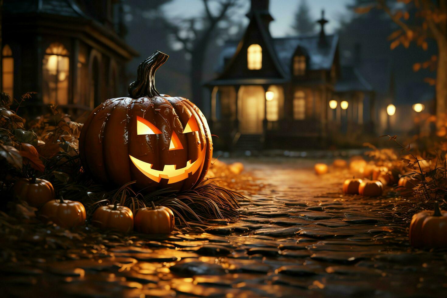 Scary pumpkin and house in night of full moon on halloween celebration concept. Spooky halloween background with pumpkin. Dirty house and pumpkin on halloween celebration concept by AI generated photo