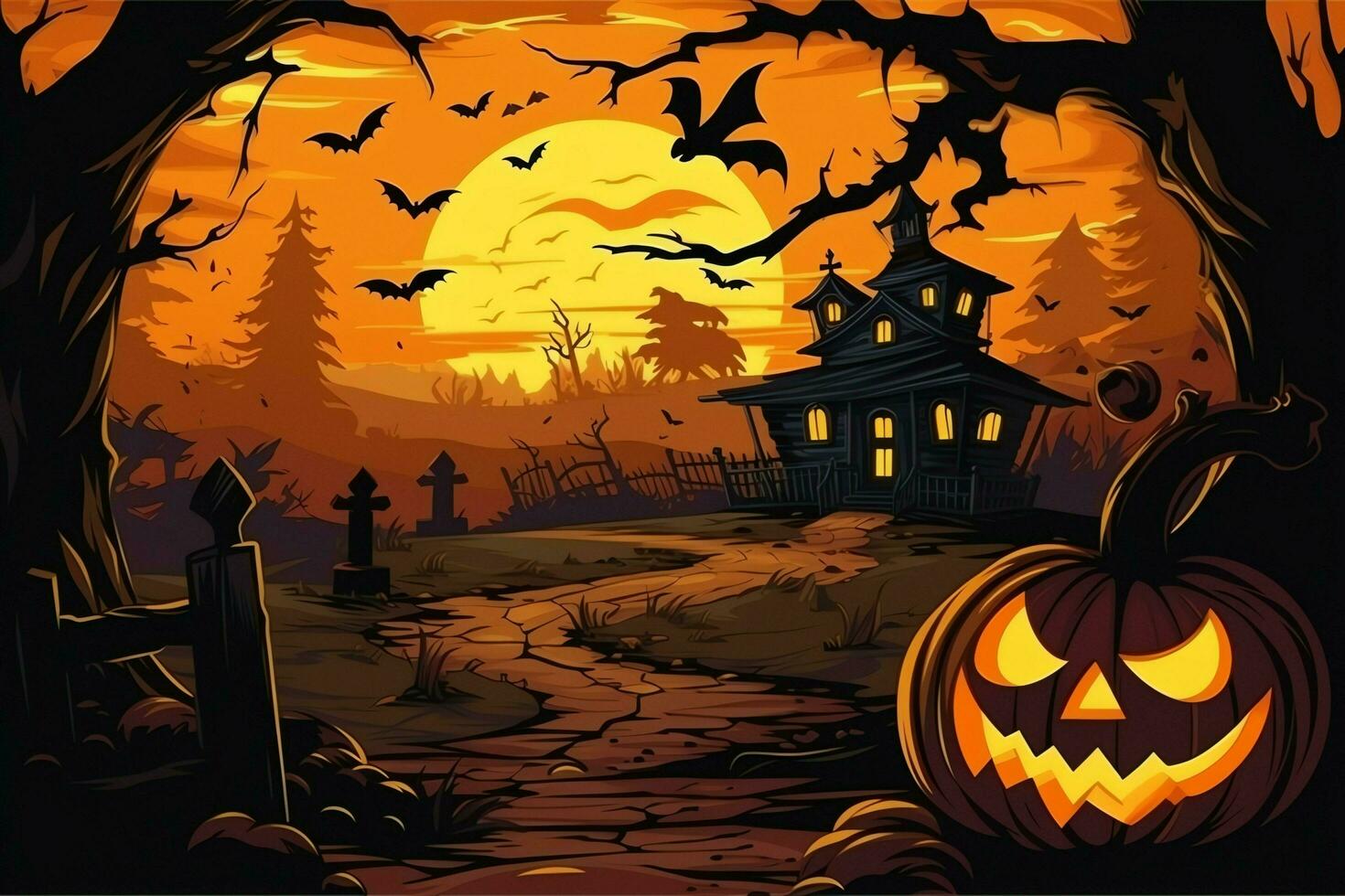 Scary pumpkin and house in night of full moon on halloween celebration concept. Spooky halloween background with pumpkin. Dirty house and pumpkin on halloween celebration concept by AI generated photo