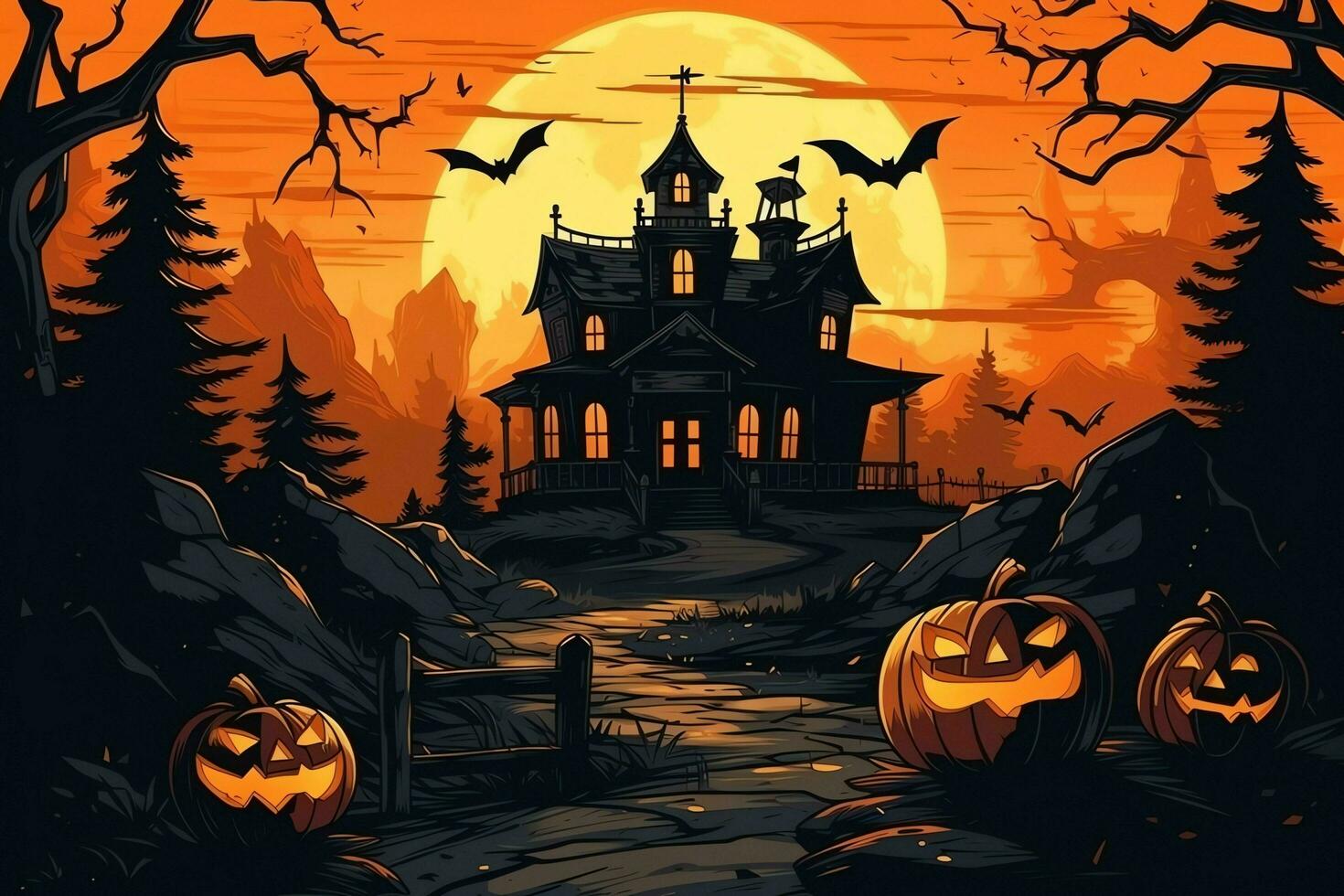 Scary pumpkin and house in night of full moon on halloween celebration concept. Spooky halloween background with pumpkin. Dirty house and pumpkin on halloween celebration concept by AI generated photo