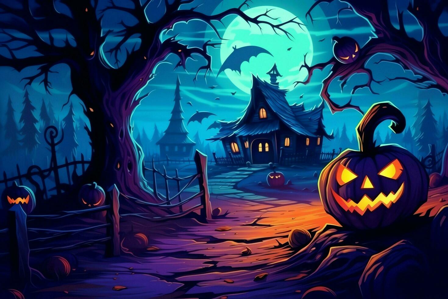 Scary pumpkin and house in night of full moon on halloween celebration concept. Spooky halloween background with pumpkin. Dirty house and pumpkin on halloween celebration concept by AI generated photo