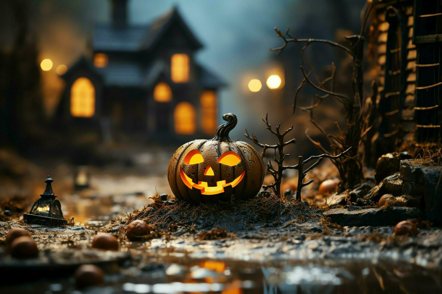 Scary pumpkin and house in night of full moon on halloween celebration concept. Spooky halloween background with pumpkin. Dirty house and pumpkin on halloween celebration concept by AI generated photo