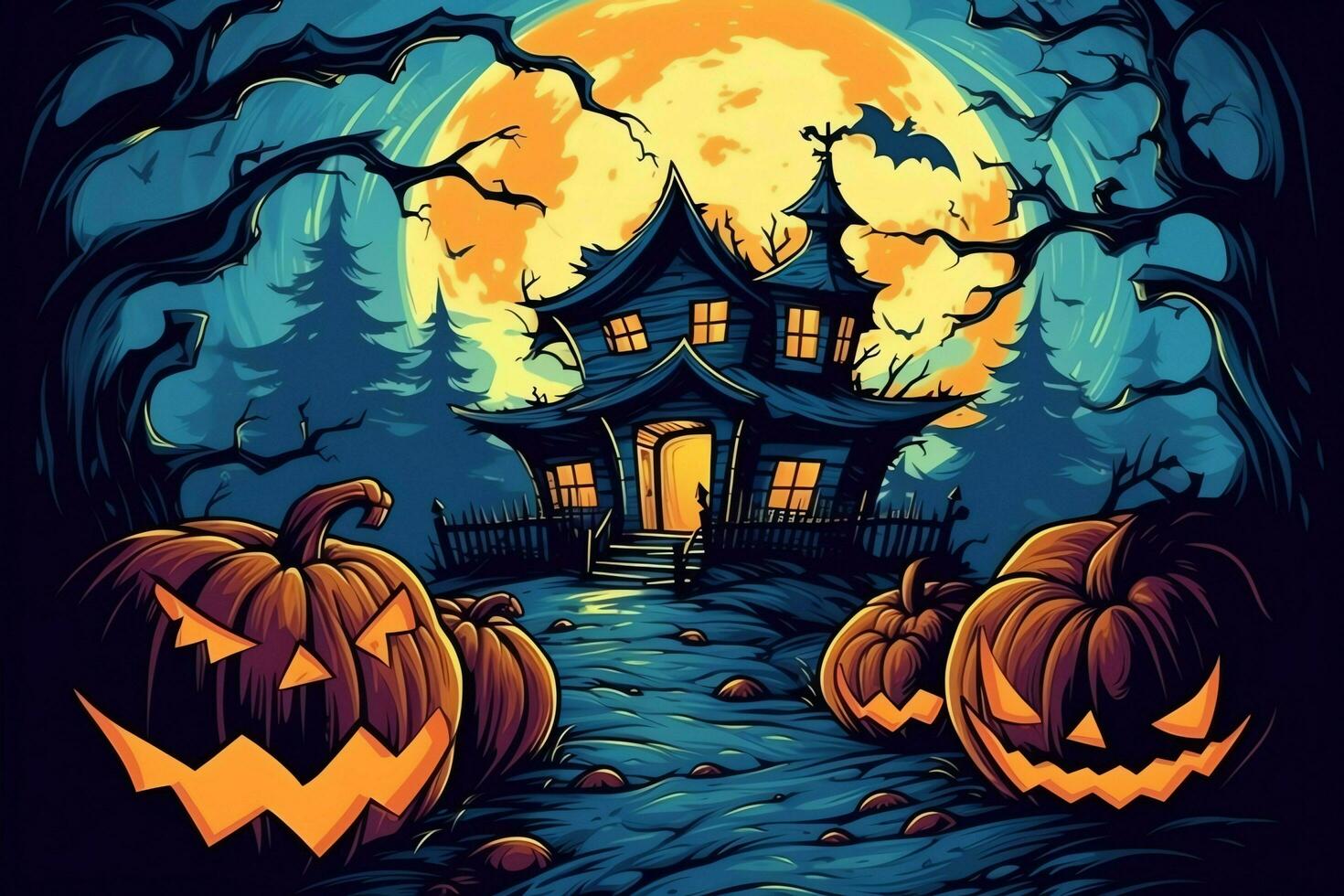 Scary pumpkin and house in night of full moon on halloween celebration concept. Spooky halloween background with pumpkin. Dirty house and pumpkin on halloween celebration concept by AI generated photo