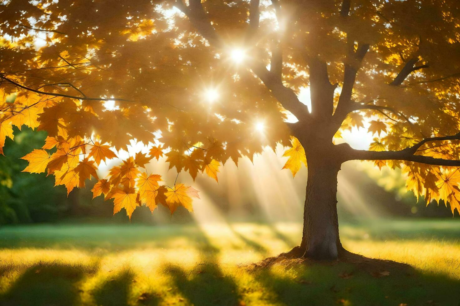 sunbeams shining through a tree in the autumn. AI-Generated photo