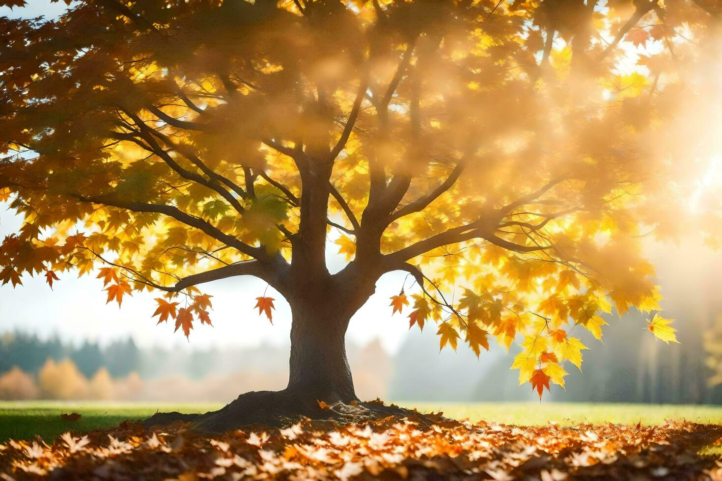 a tree with leaves on the ground in the sun. AI-Generated photo