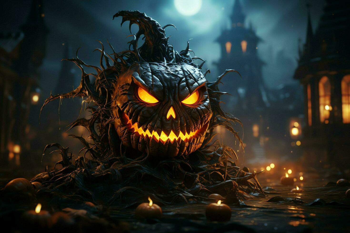 Scary pumpkin and house in night of full moon on halloween celebration concept. Spooky halloween background with pumpkin. Dirty house and pumpkin on halloween celebration concept by AI generated photo