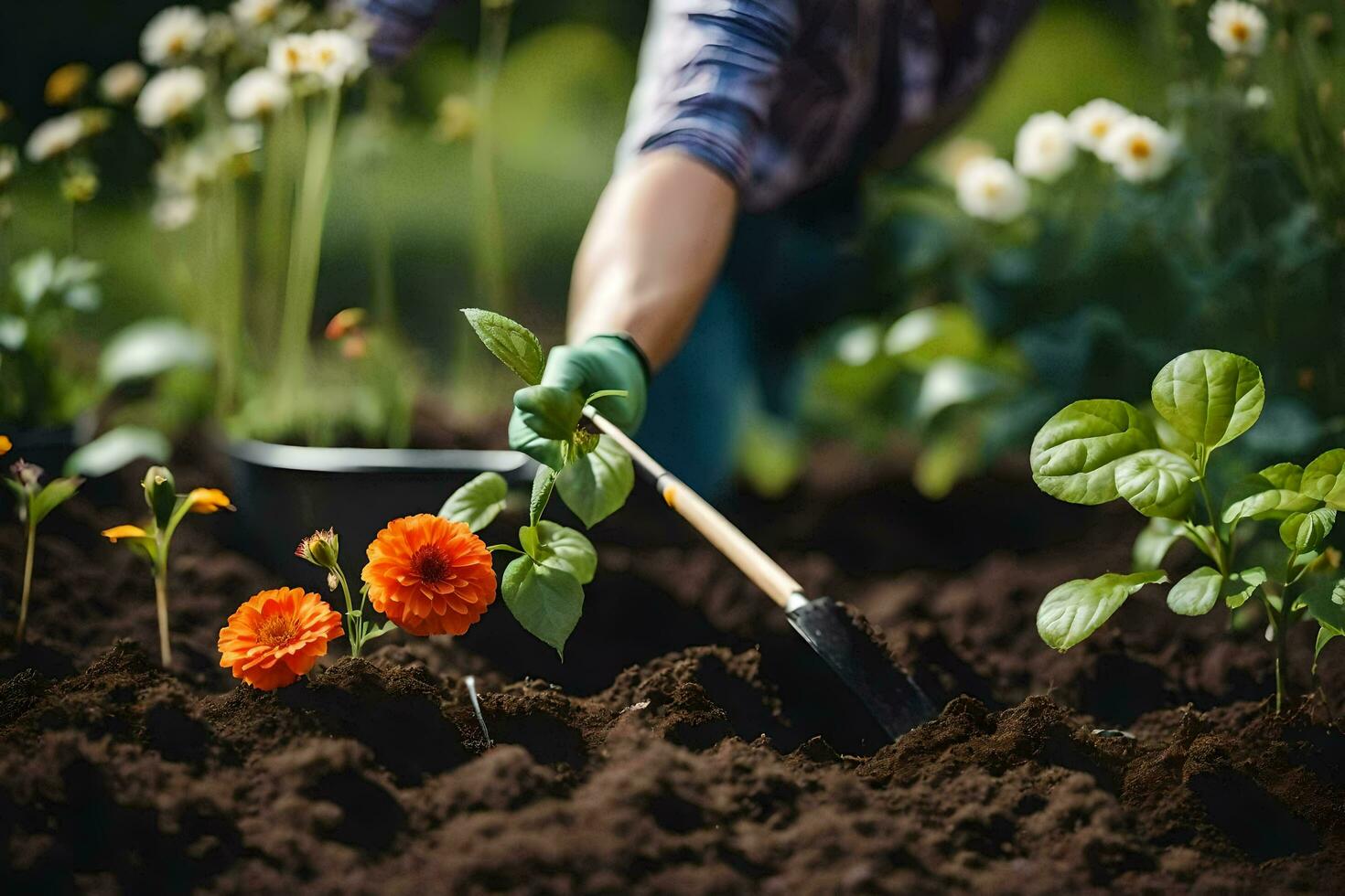 a person is digging in the dirt with a garden rake. AI-Generated photo