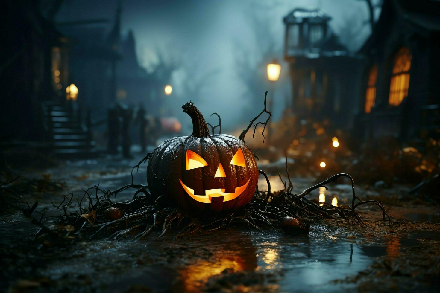 Scary pumpkin and house in night of full moon on halloween celebration concept. Spooky halloween background with pumpkin. Dirty house and pumpkin on halloween celebration concept by AI generated photo