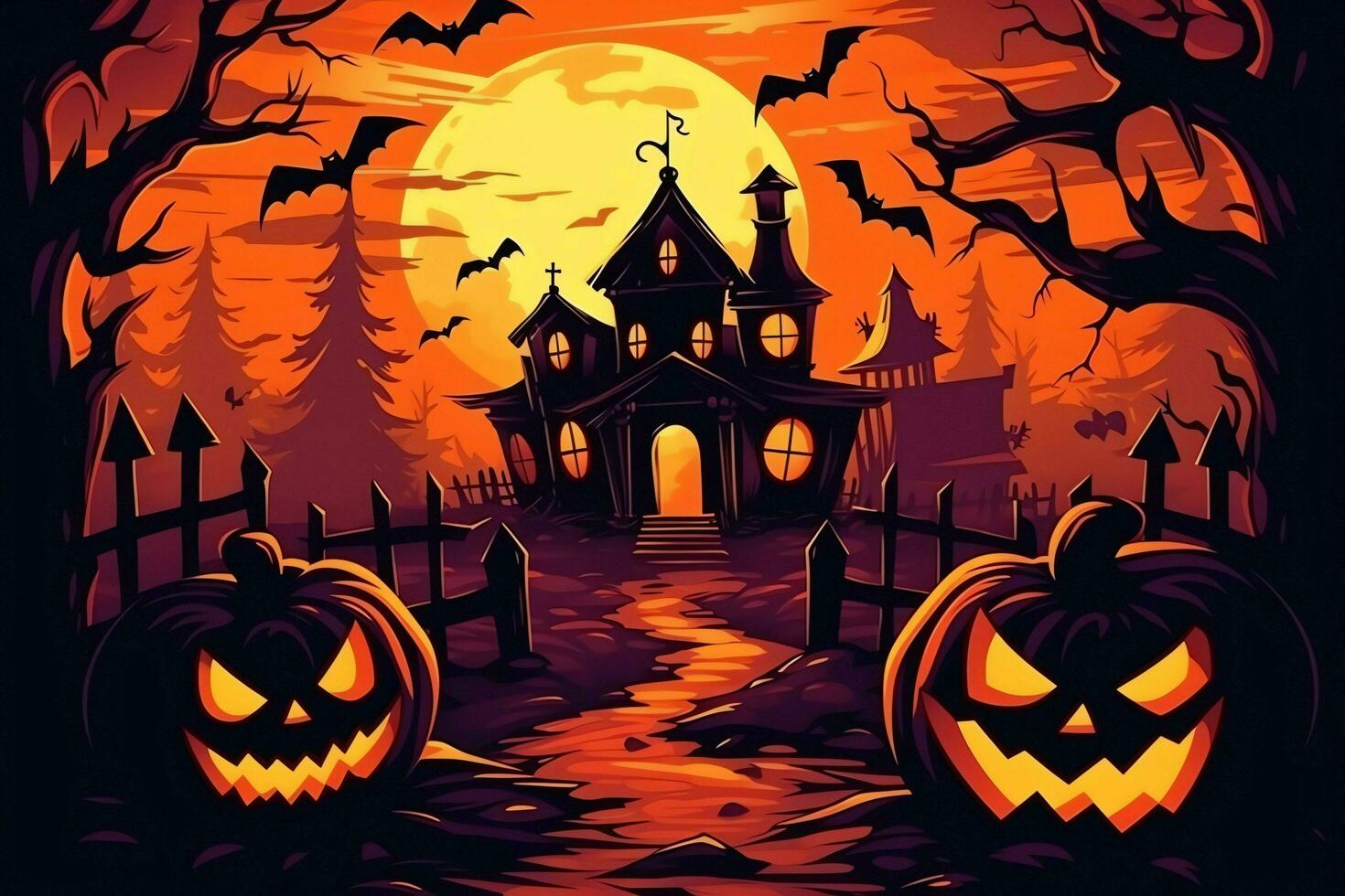 Scary pumpkin and house in night of full moon on halloween celebration concept. Spooky halloween background with pumpkin. Dirty house and pumpkin on halloween celebration concept by AI generated photo