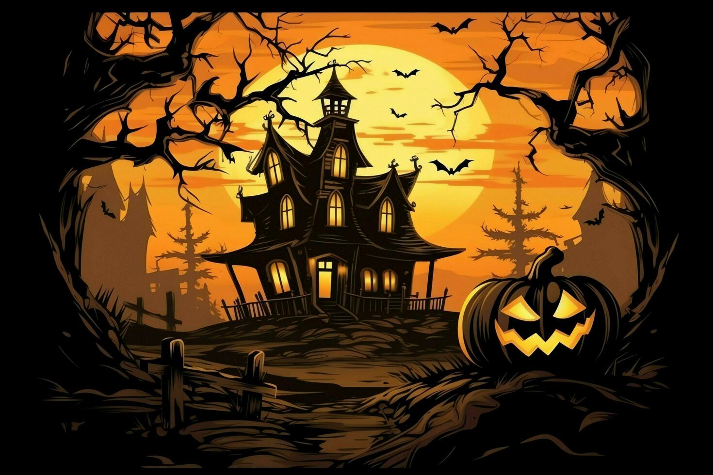 Scary pumpkin and house in night of full moon on halloween celebration concept. Spooky halloween background with pumpkin. Dirty house and pumpkin on halloween celebration concept by AI generated photo