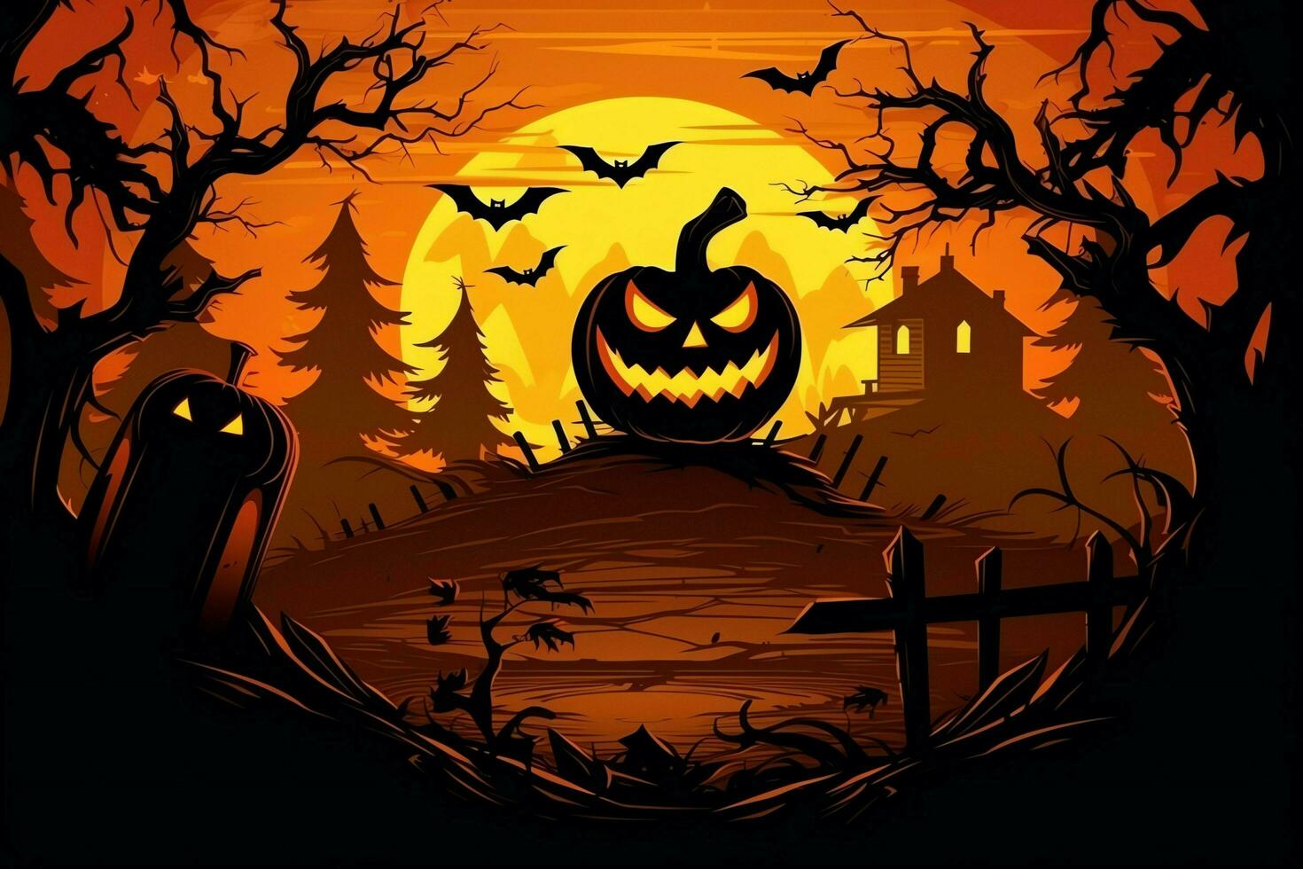 Scary pumpkin and house in night of full moon on halloween celebration concept. Spooky halloween background with pumpkin. Dirty house and pumpkin on halloween celebration concept by AI generated photo