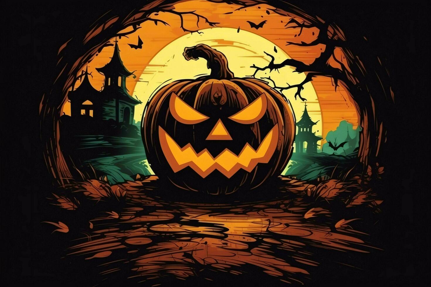 Scary pumpkin and house in night of full moon on halloween celebration concept. Spooky halloween background with pumpkin. Dirty house and pumpkin on halloween celebration concept by AI generated photo