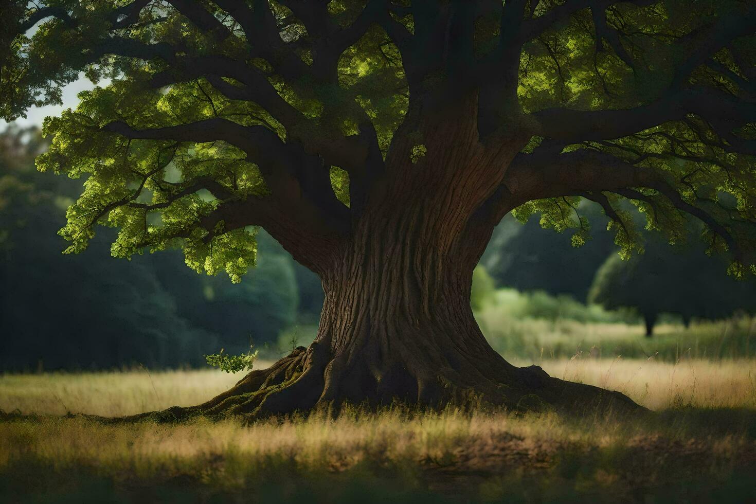 un grande roble árbol en el medio de un campo. generado por ai foto