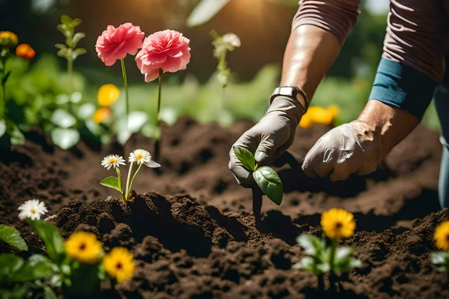 a person is planting flowers in the garden. AI-Generated photo