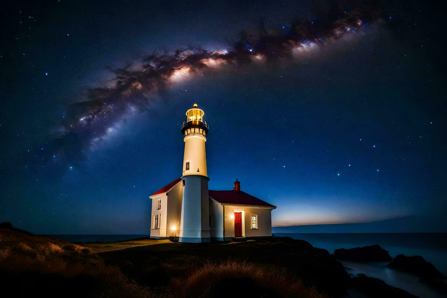 the lighthouse and milky way over the ocean. AI-Generated photo