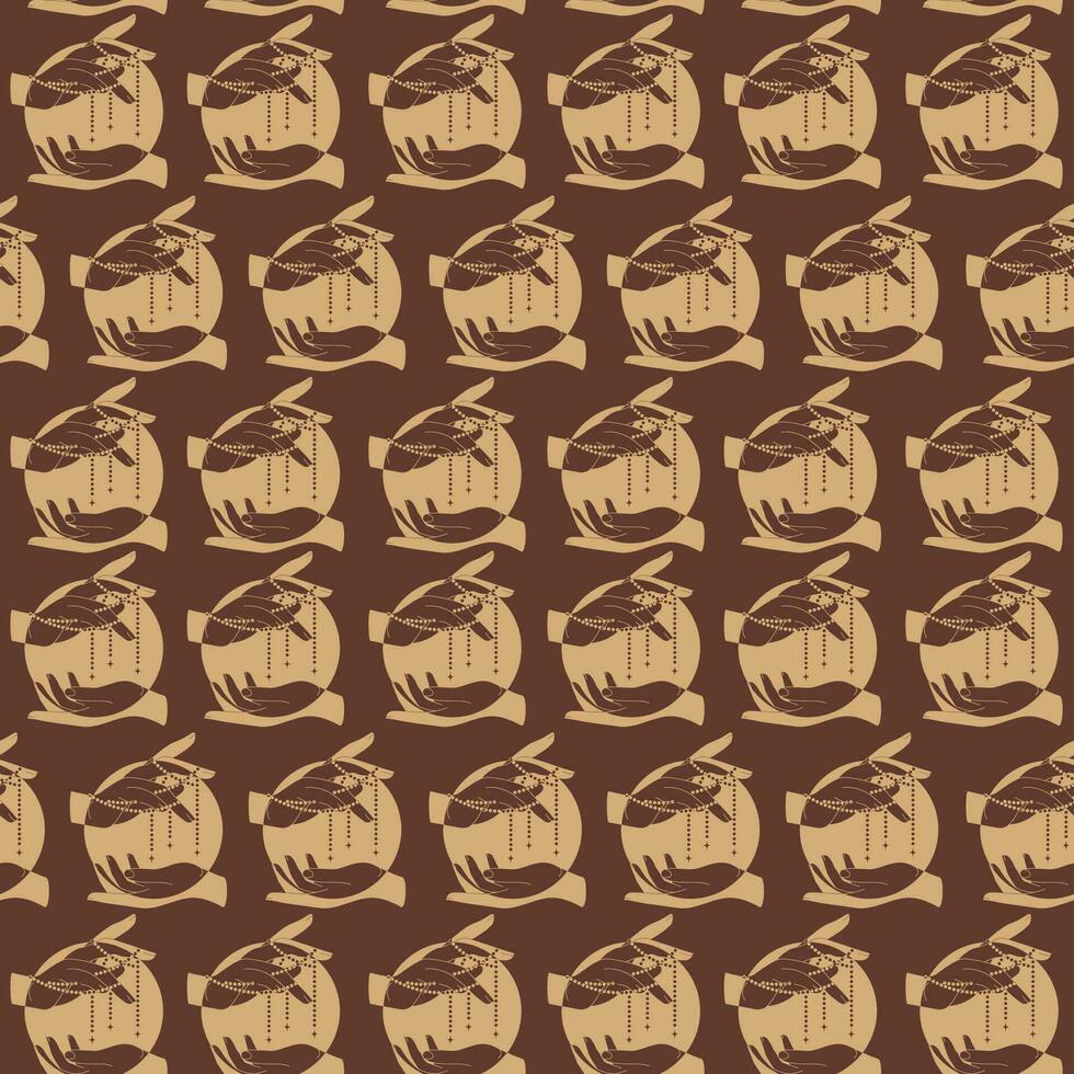 Seamless pattern with hands and moon on brown background vector