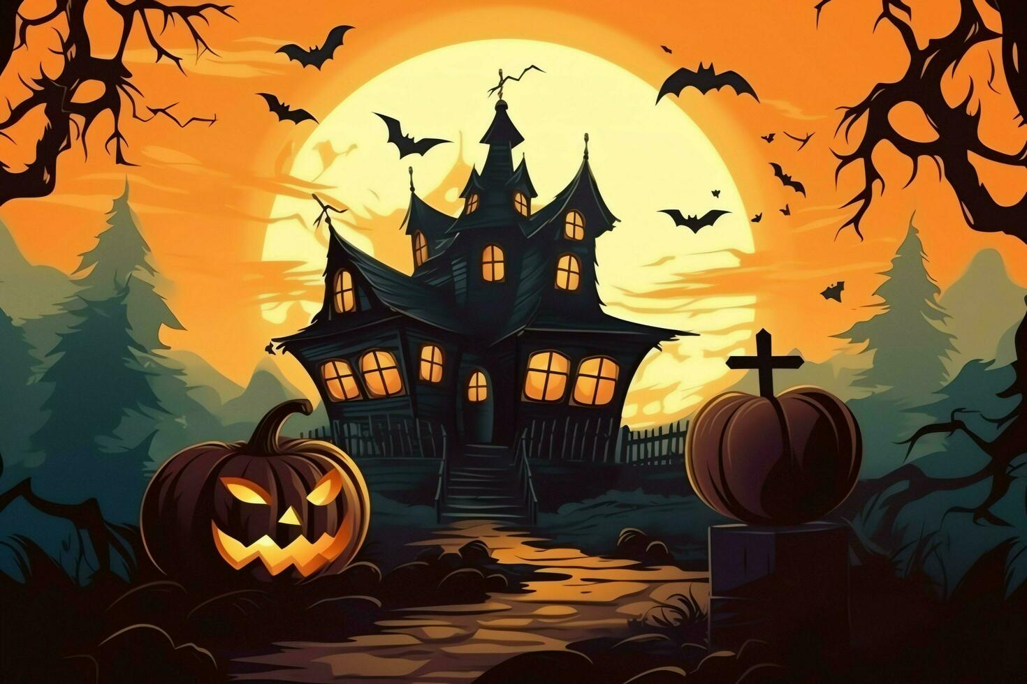 Scary pumpkin and house in night of full moon on halloween celebration concept. Spooky halloween background with pumpkin. Dirty house and pumpkin on halloween celebration concept by AI generated photo
