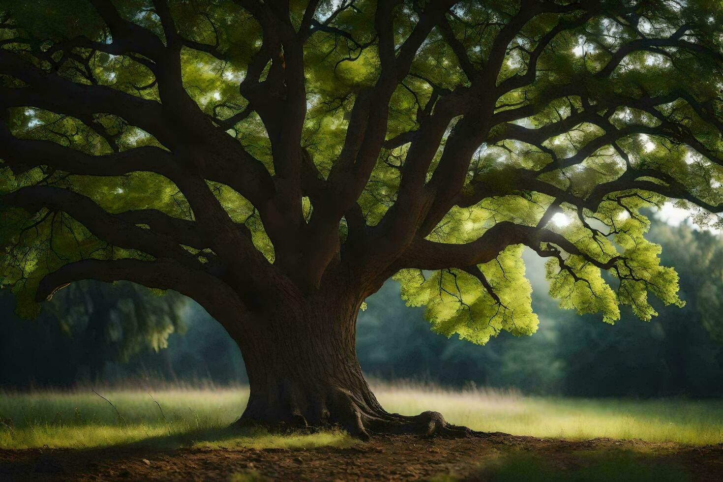 a large tree in the middle of a field. AI-Generated photo
