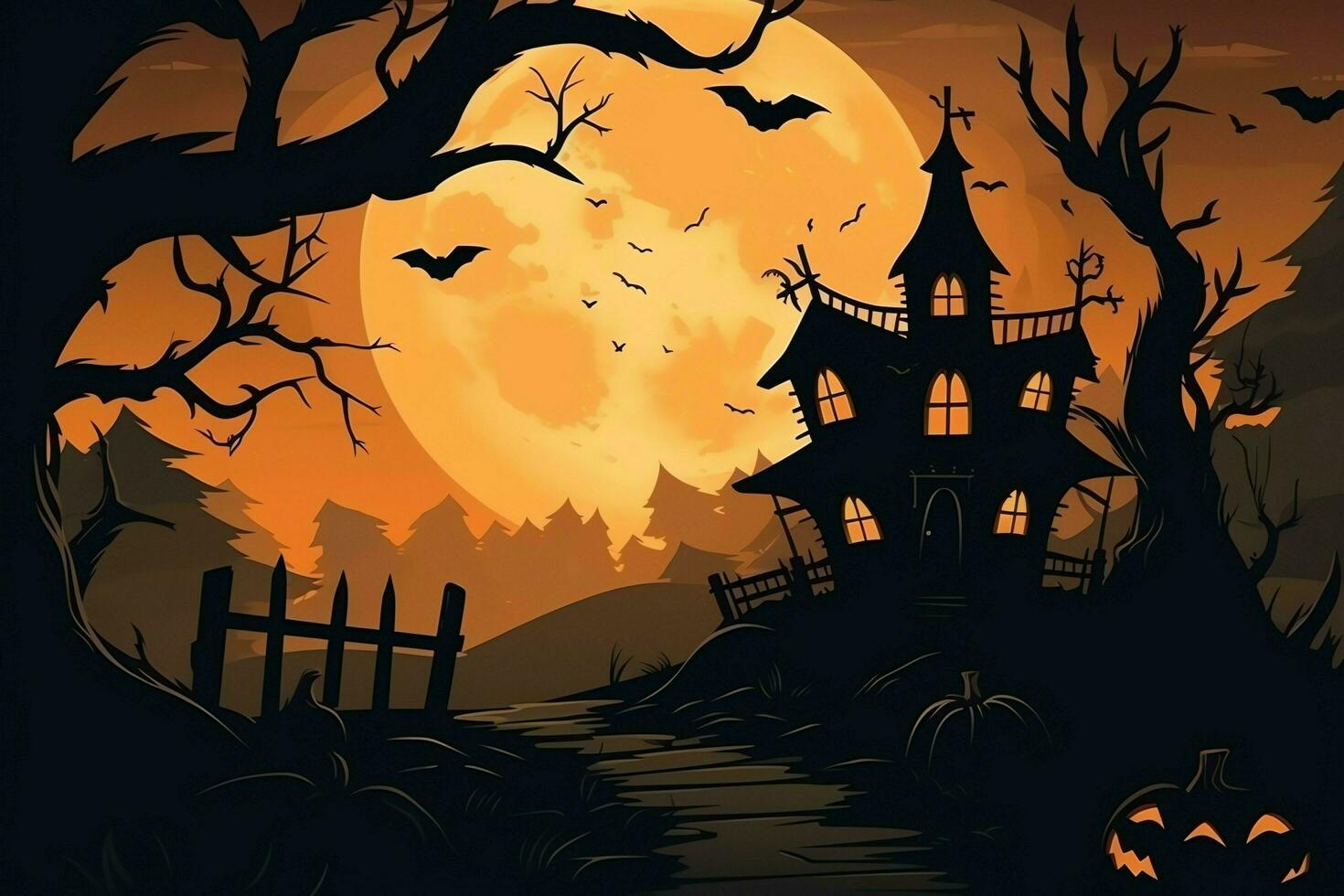 Scary pumpkin and house in night of full moon on halloween celebration concept. Spooky halloween background with pumpkin. Dirty house and pumpkin on halloween celebration concept by AI generated photo