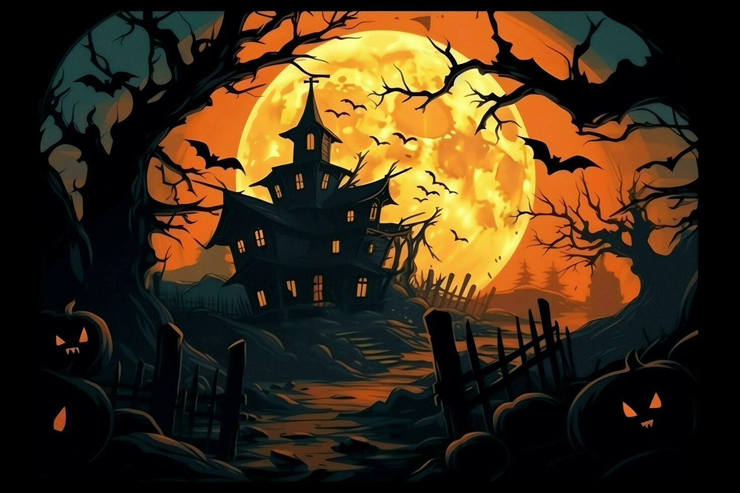 Scary pumpkin and house in night of full moon on halloween celebration concept. Spooky halloween background with pumpkin. Dirty house and pumpkin on halloween celebration concept by AI generated photo