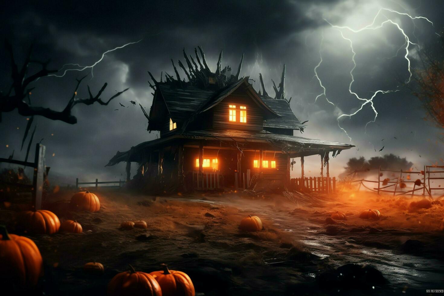 Haunted house on halloween celebration concept. Spooky house halloween background with deserted building and pumpkin. Scary house with creepy building at night by AI generated photo