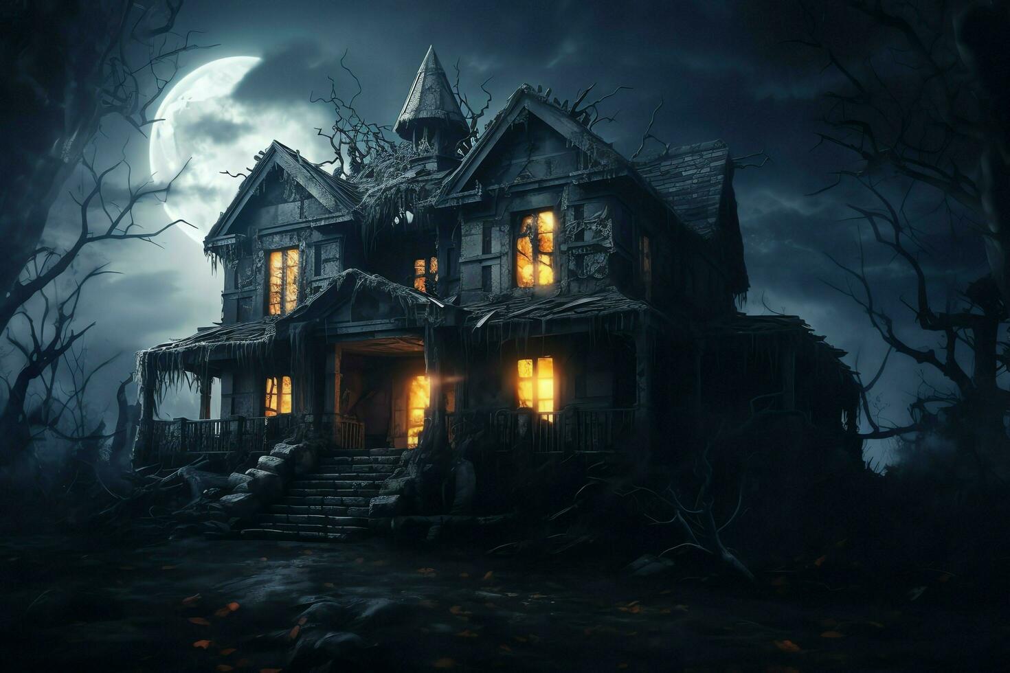 Haunted house on halloween celebration concept. Spooky house halloween background with deserted building and pumpkin. Scary house with creepy building at night by AI generated photo