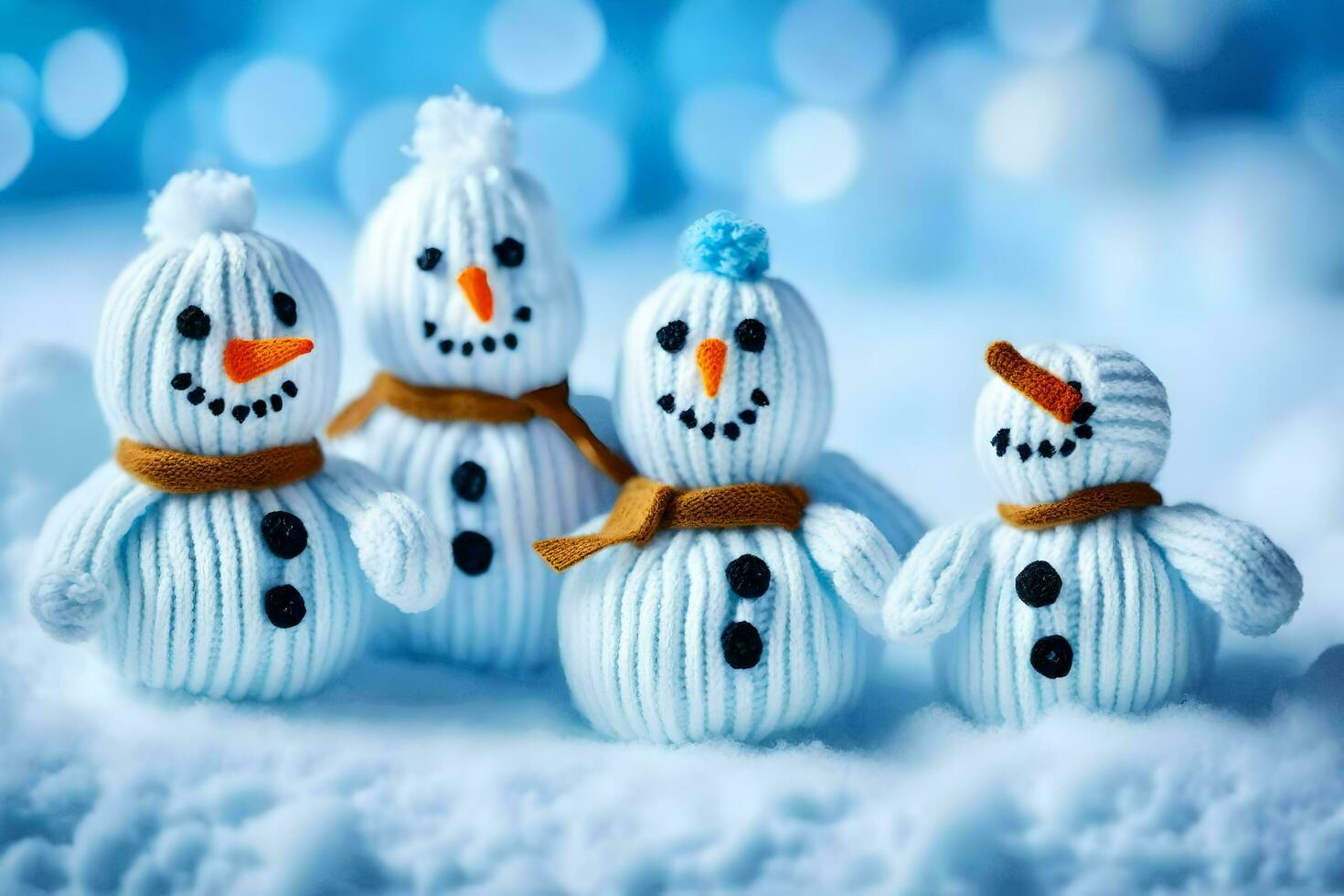 five snowmen are standing in a row. AI-Generated photo