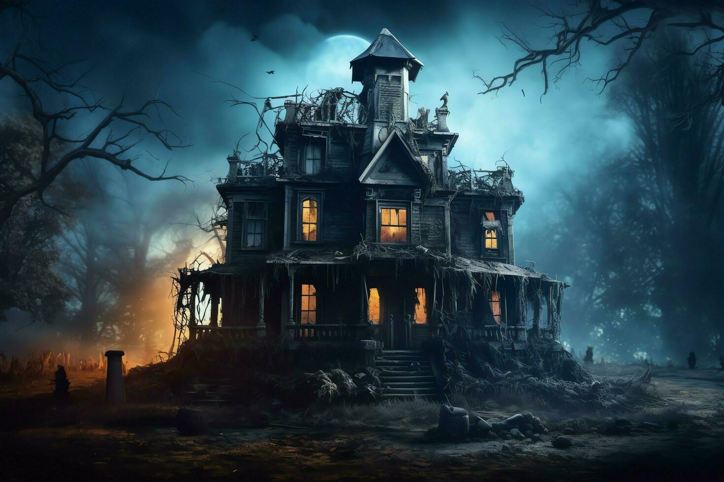 Haunted house on halloween celebration concept. Spooky house halloween background with deserted building and pumpkin. Scary house with creepy building at night by AI generated photo