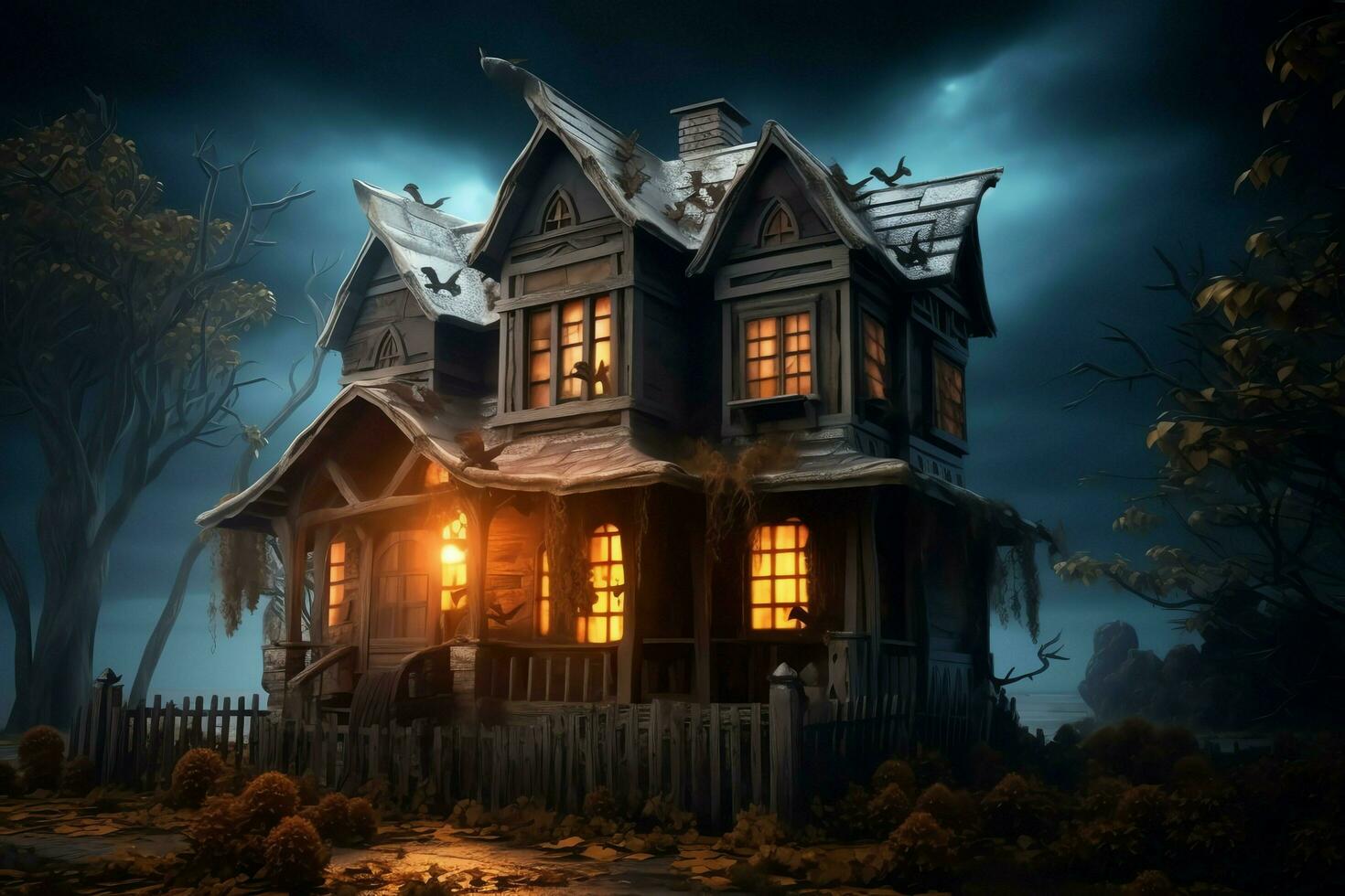 Haunted house on halloween celebration concept. Spooky house halloween background with deserted building and pumpkin. Scary house with creepy building at night by AI generated photo