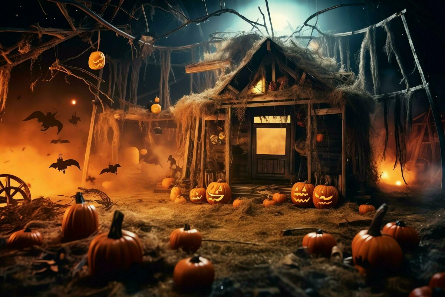 Haunted house on halloween celebration concept. Spooky house halloween background with deserted building and pumpkin. Scary house with creepy building at night by AI generated photo