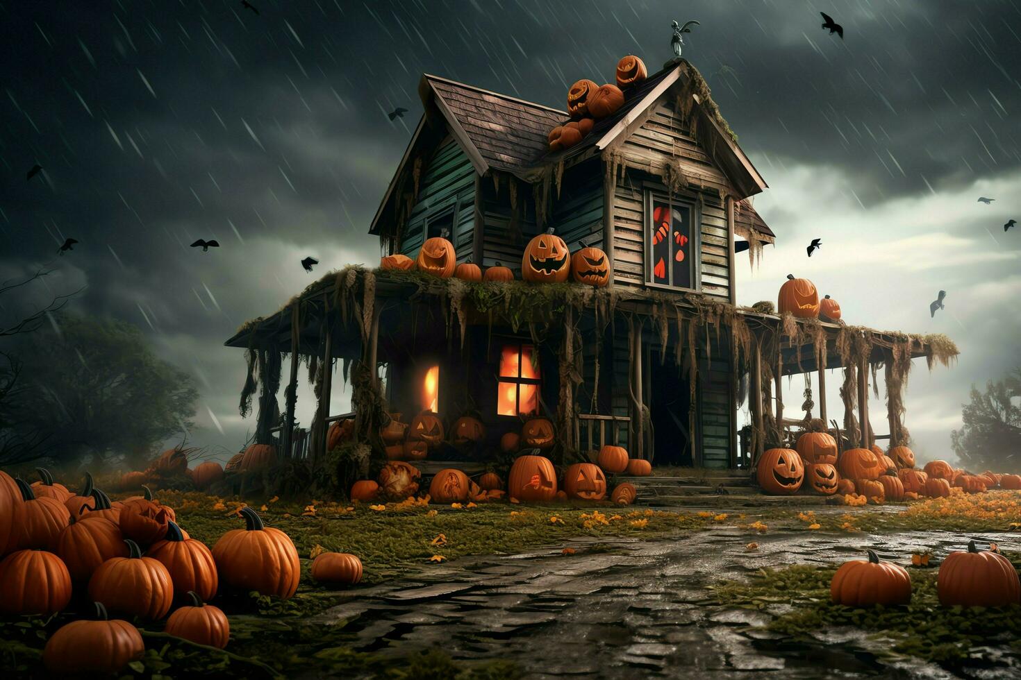 Haunted house on halloween celebration concept. Spooky house halloween background with deserted building and pumpkin. Scary house with creepy building at night by AI generated photo