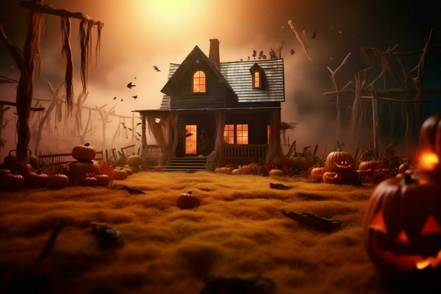 Haunted house on halloween celebration concept. Spooky house halloween background with deserted building and pumpkin. Scary house with creepy building at night by AI generated photo