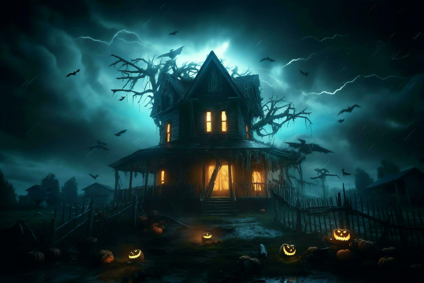 Haunted house on halloween celebration concept. Spooky house halloween background with deserted building and pumpkin. Scary house with creepy building at night by AI generated photo