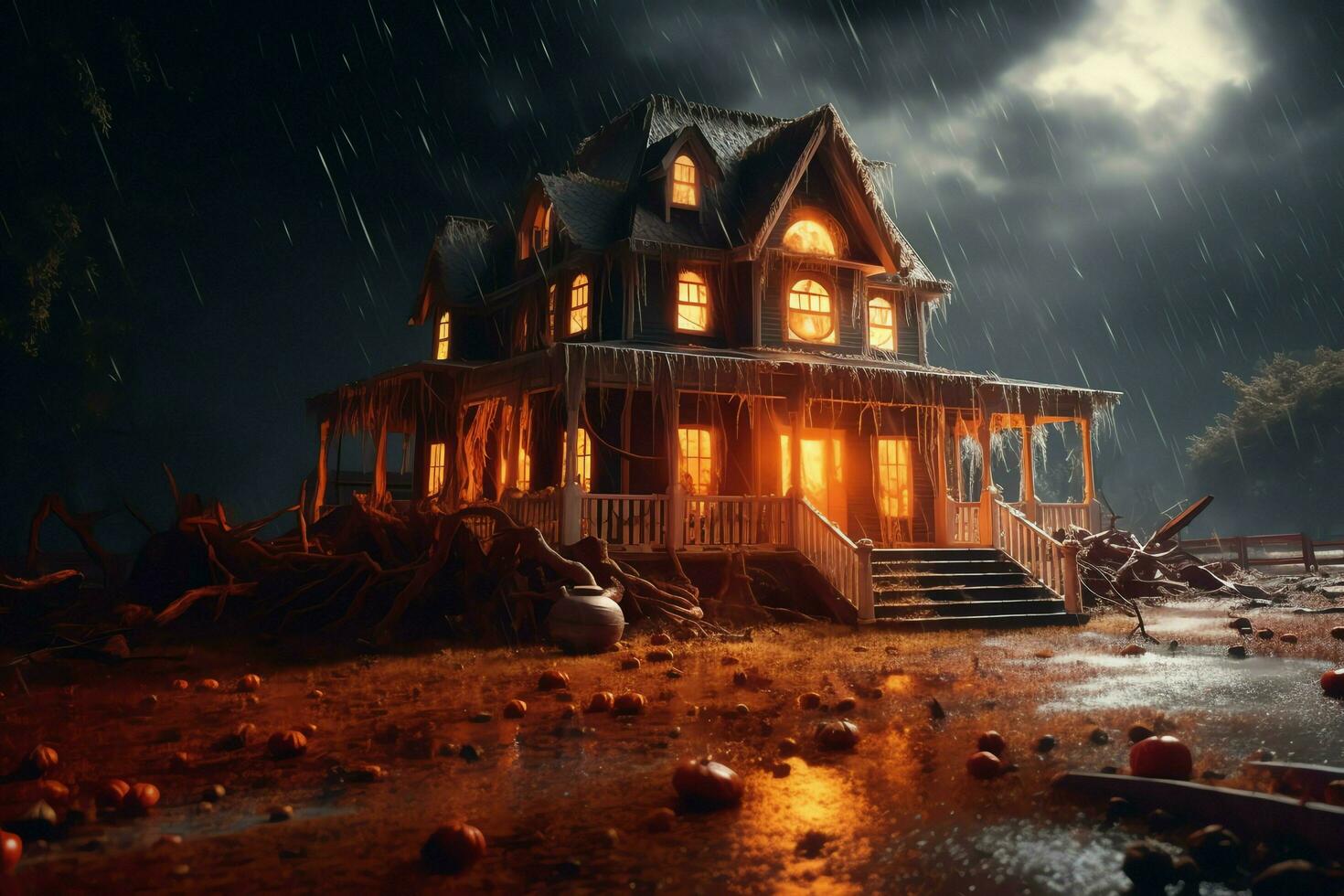 Haunted house on halloween celebration concept. Spooky house halloween background with deserted building and pumpkin. Scary house with creepy building at night by AI generated photo