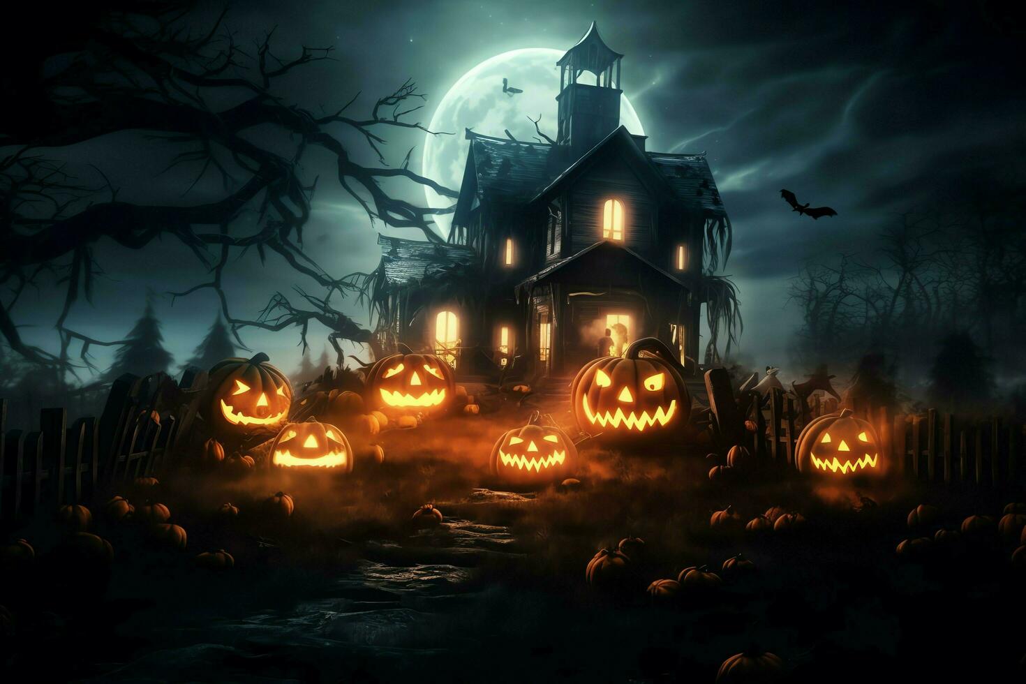 Haunted house on halloween celebration concept. Spooky house halloween background with deserted building and pumpkin. Scary house with creepy building at night by AI generated photo