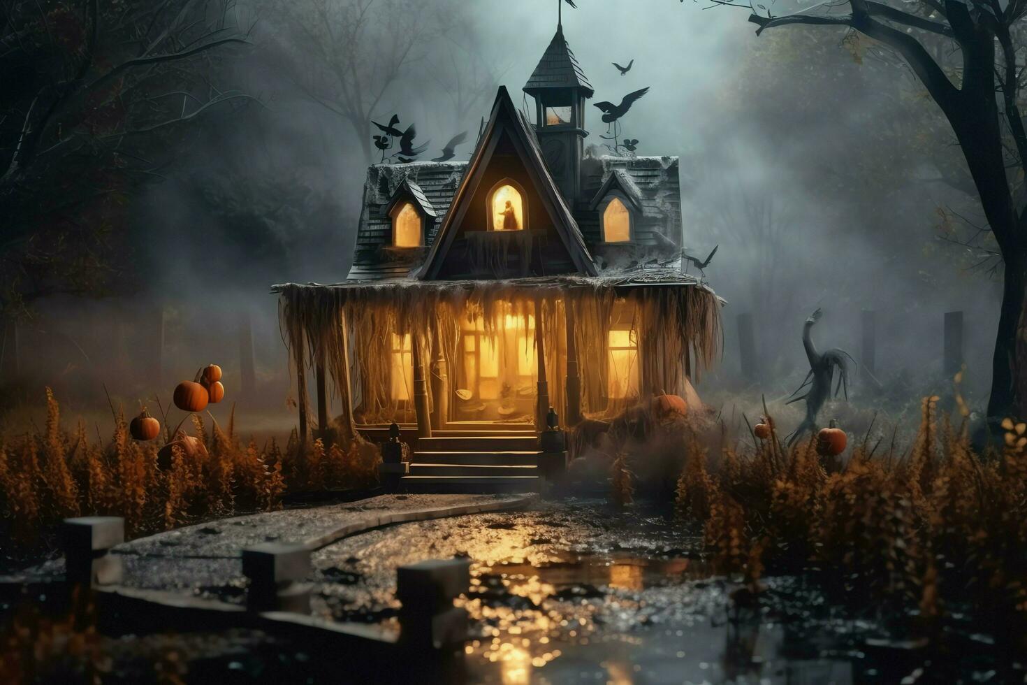 Haunted house on halloween celebration concept. Spooky house halloween background with deserted building and pumpkin. Scary house with creepy building at night by AI generated photo