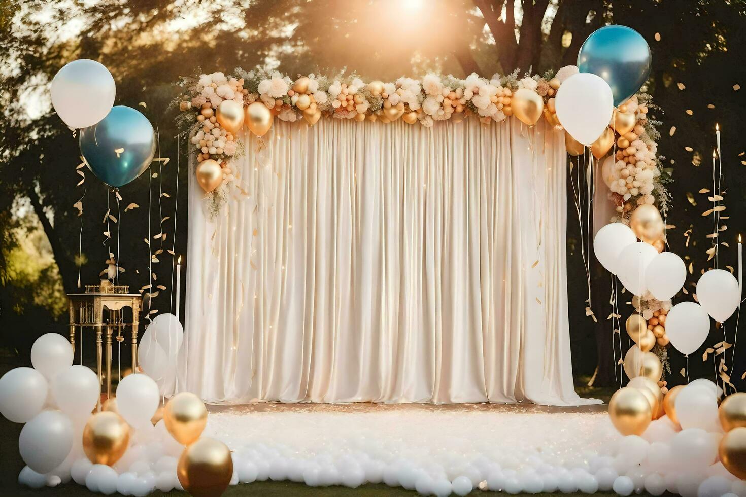 a wedding backdrop with balloons and flowers. AI-Generated photo