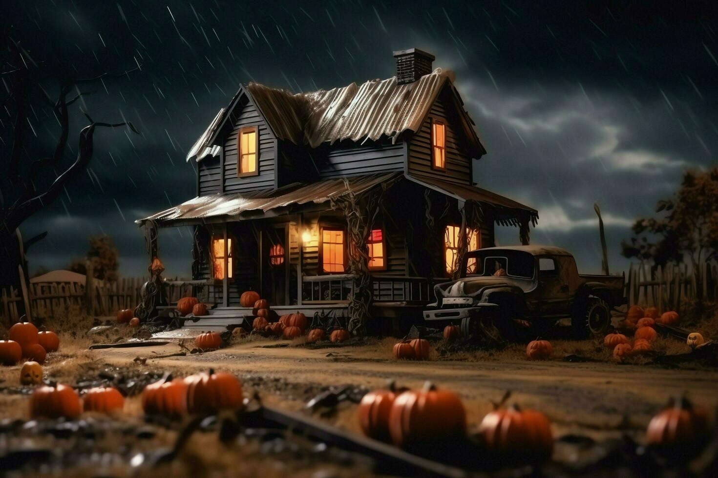 Haunted house on halloween celebration concept. Spooky house halloween background with deserted building and pumpkin. Scary house with creepy building at night by AI generated photo