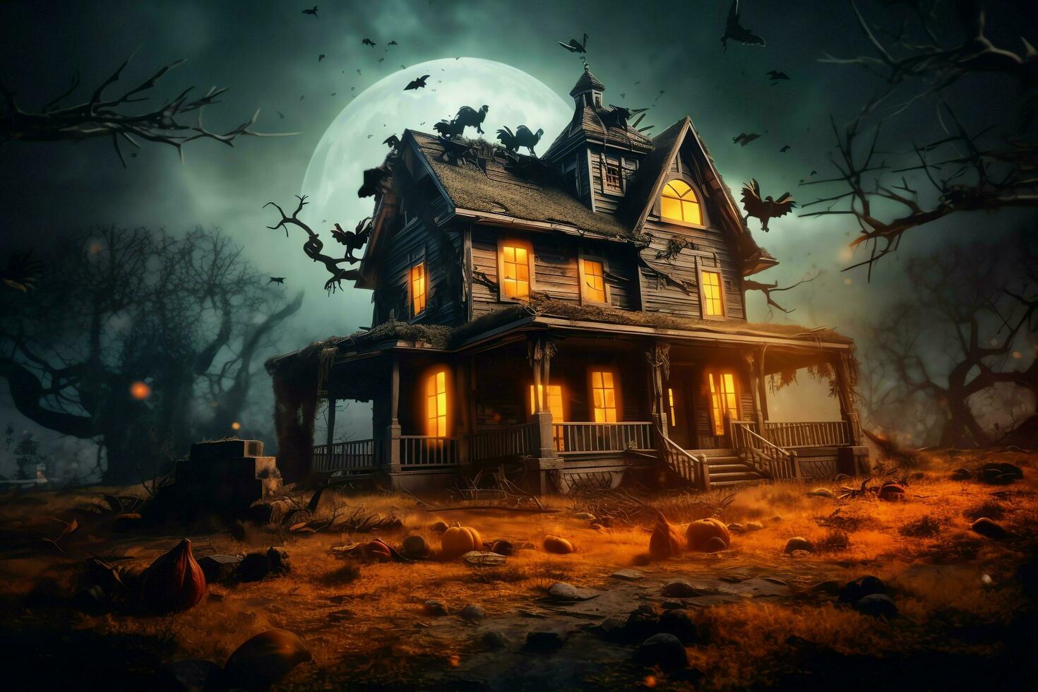 Haunted house on halloween celebration concept. Spooky house halloween background with deserted building and pumpkin. Scary house with creepy building at night by AI generated photo