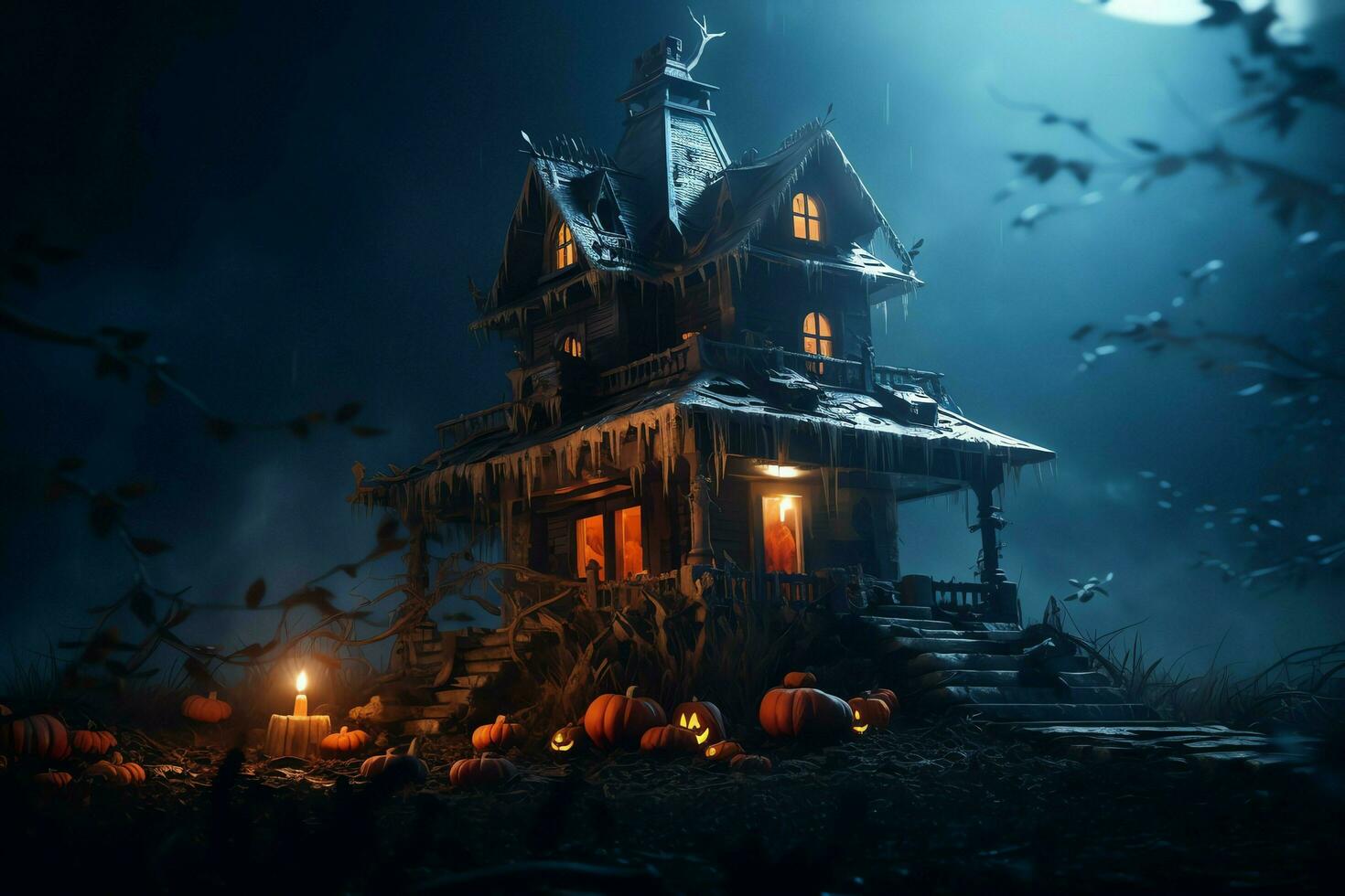 Haunted house on halloween celebration concept. Spooky house halloween background with deserted building and pumpkin. Scary house with creepy building at night by AI generated photo