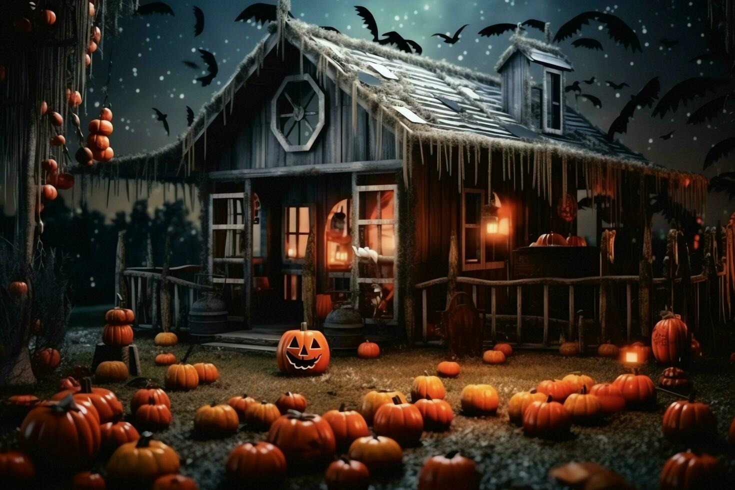 Haunted house on halloween celebration concept. Spooky house halloween background with deserted building and pumpkin. Scary house with creepy building at night by AI generated photo