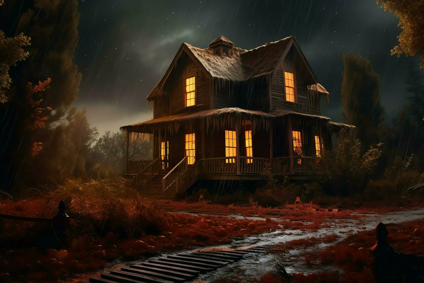 Haunted house on halloween celebration concept. Spooky house halloween background with deserted building and pumpkin. Scary house with creepy building at night by AI generated photo