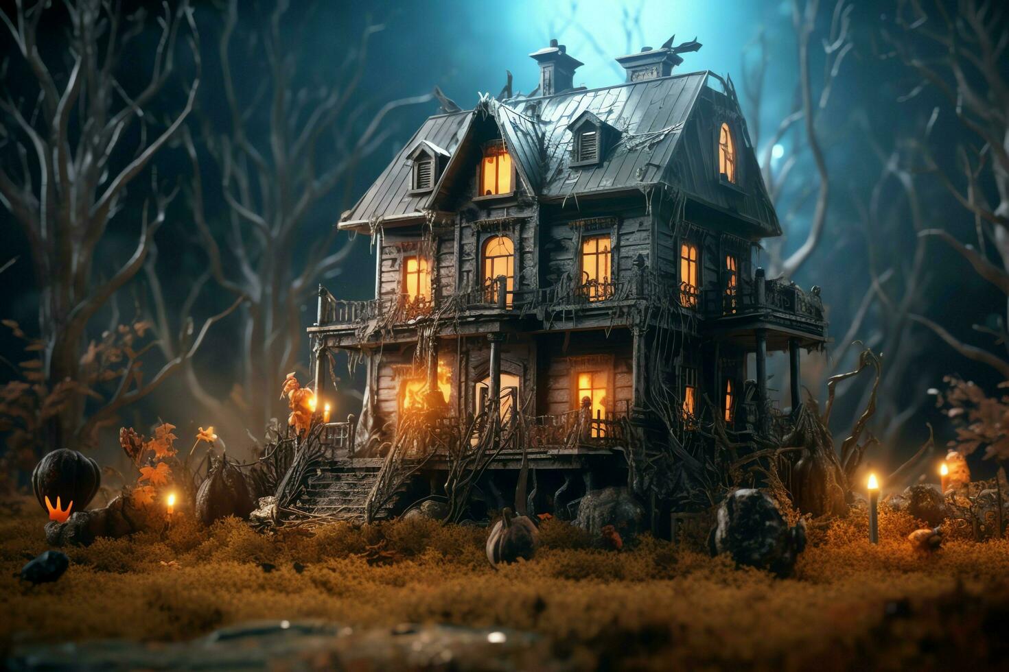 Haunted house on halloween celebration concept. Spooky house halloween background with deserted building and pumpkin. Scary house with creepy building at night by AI generated photo